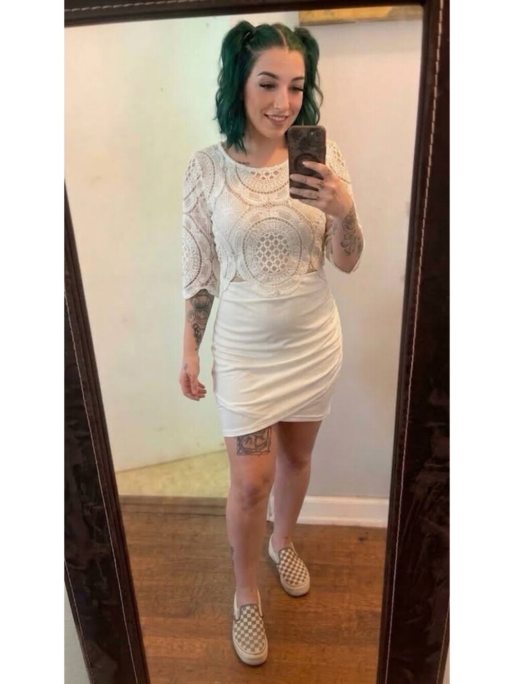 SHEIN White Lace Bodycon Mini Dress 3/4 Sleeve Ruched Guipure Cocktail Size S